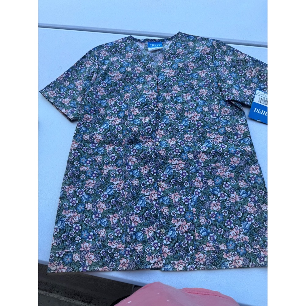 Crest Women Floral Scrub Top XS Garden Medley Button Front V-Neck 5102 Blue Pink